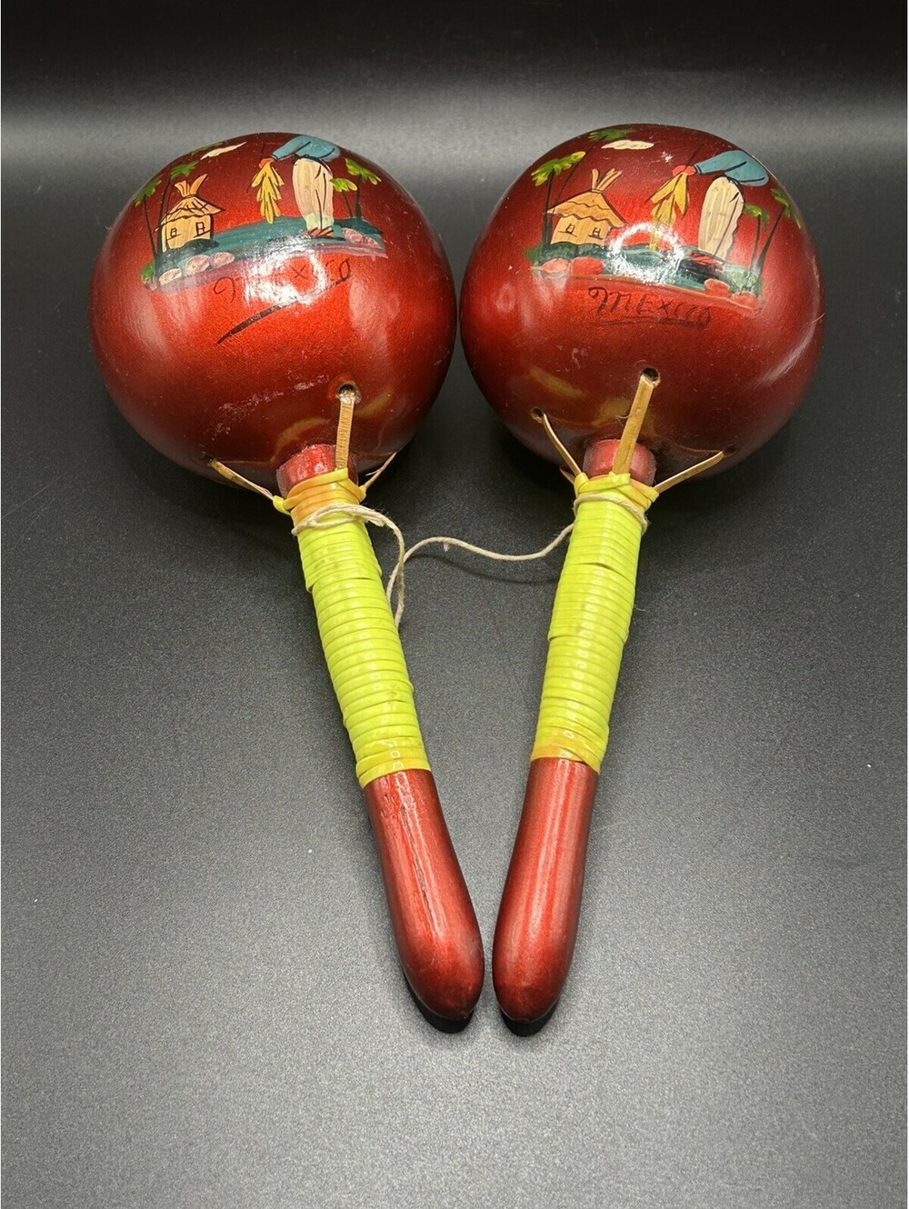 Vintage Pair of Painted Mexican Gourd Maracas From the 1970’s